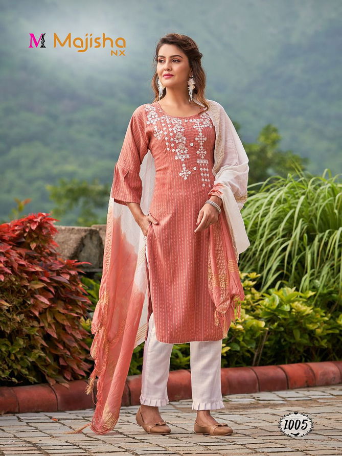 Majisha Nx Alexa Heavy Rayon Fancy Wear Designer Kurti Pant With Dupatta Collection